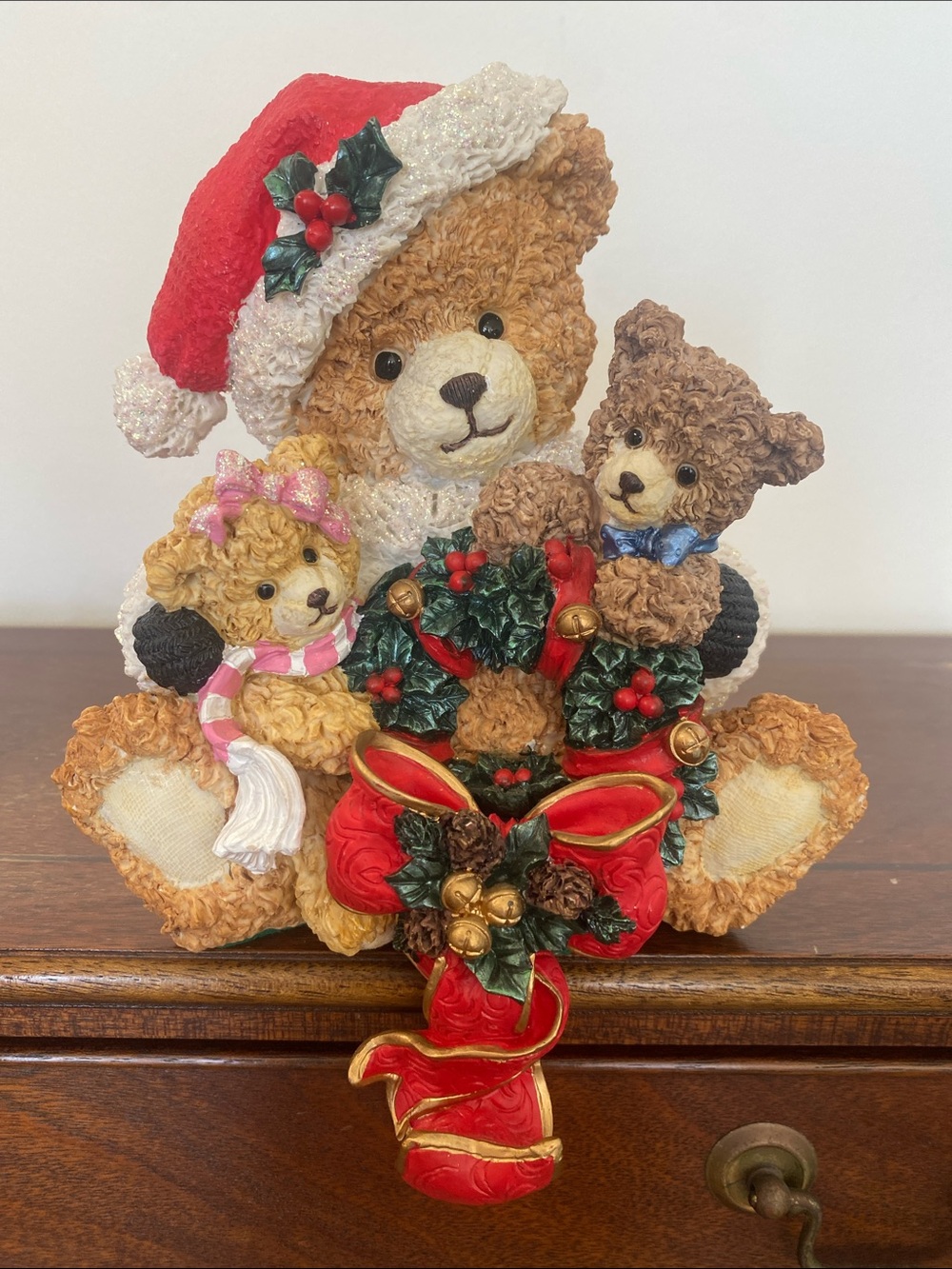 Vintage Resin Christmas Santa Teddy Bear Weighted Mantel Stocking Holder - Heavy